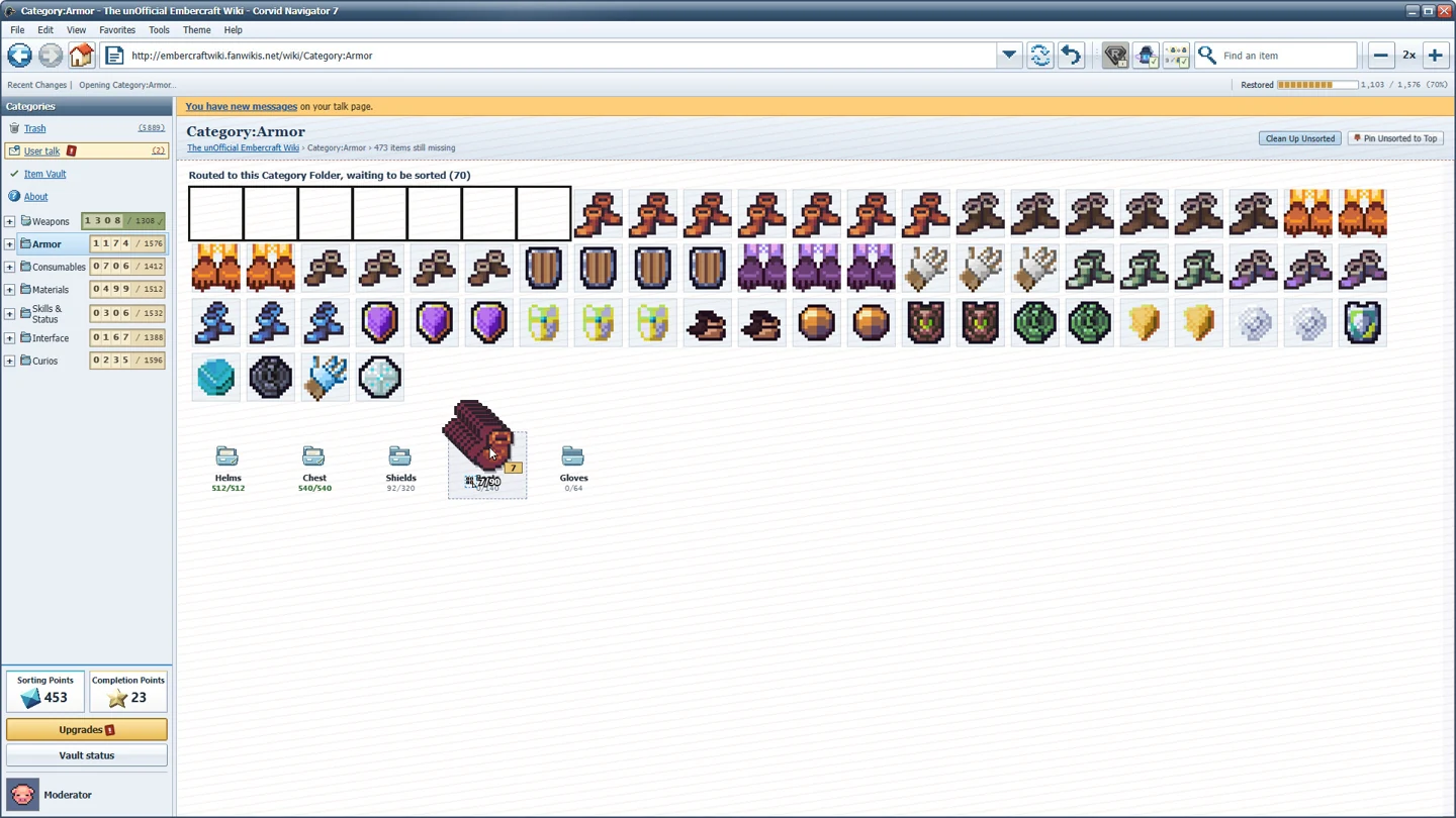 Blue-skinned Deleted Wiki interface showing item categories and destination folders