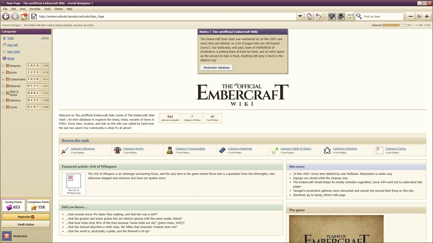 The Main Page changes as restoration progresses. It is also a place to revisit after the later story events.